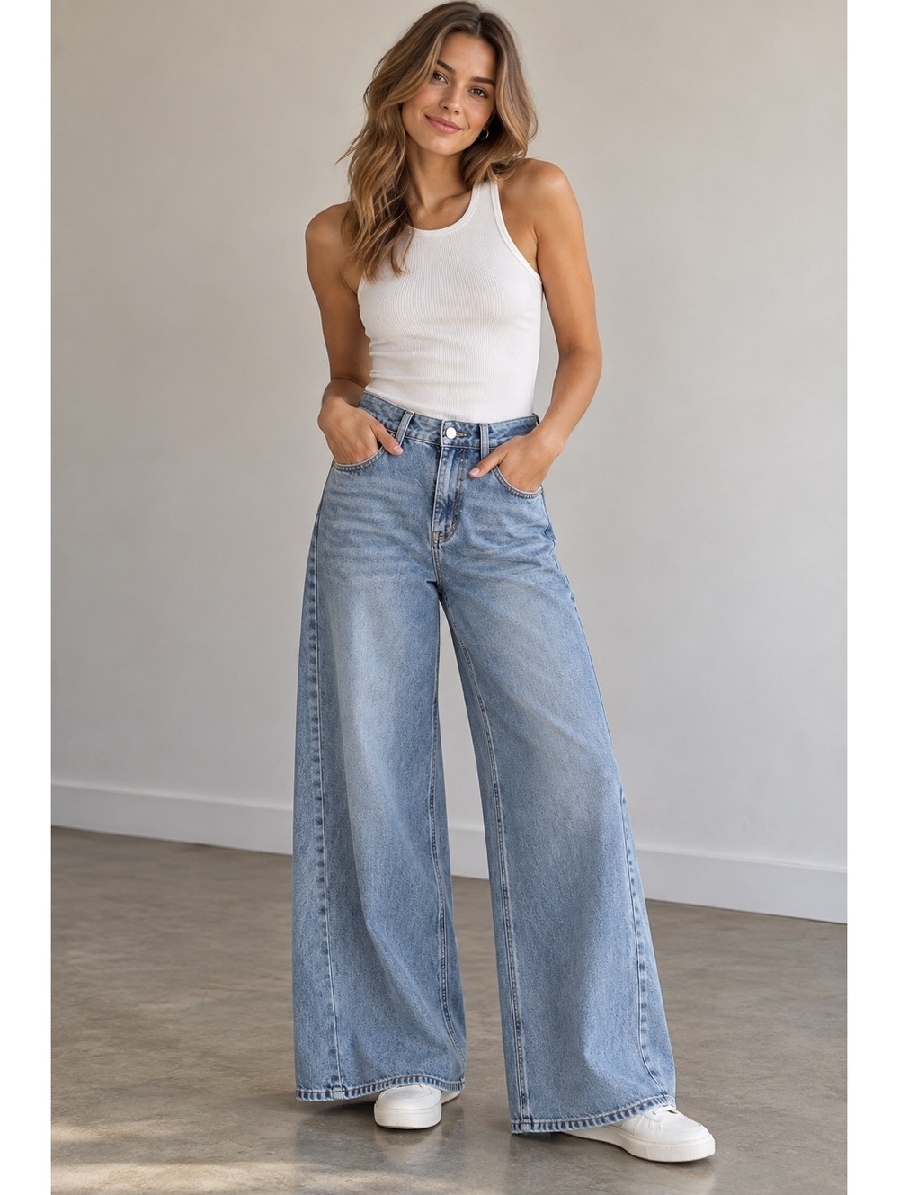 NWT Easy Clothes Full Length Palazzo Wide Leg Jeans Size 28 Light Wash